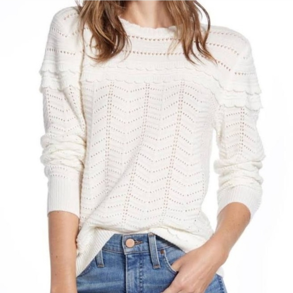 J. Crew Crewneck Scalloped Pointelle Cream White Knit Pullover Sweater Size XL